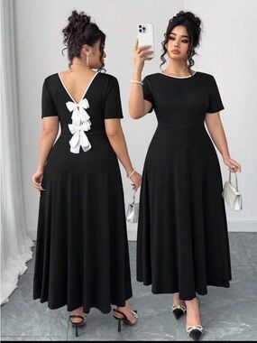 Elenzga Elegant Black Midi Dress with White Bow Back Detail Size 2XL